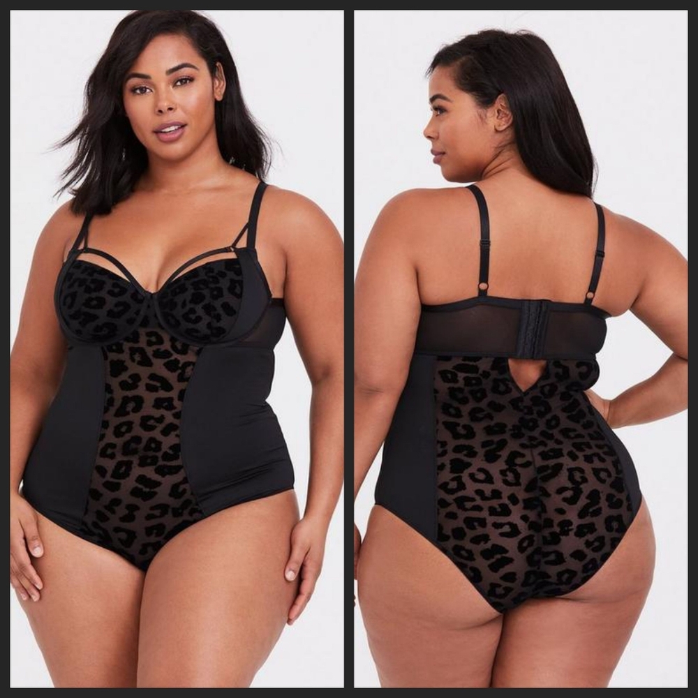 Black Microfiber & Mesh Flocked Leopard Bodysuit 2X NWT OBO